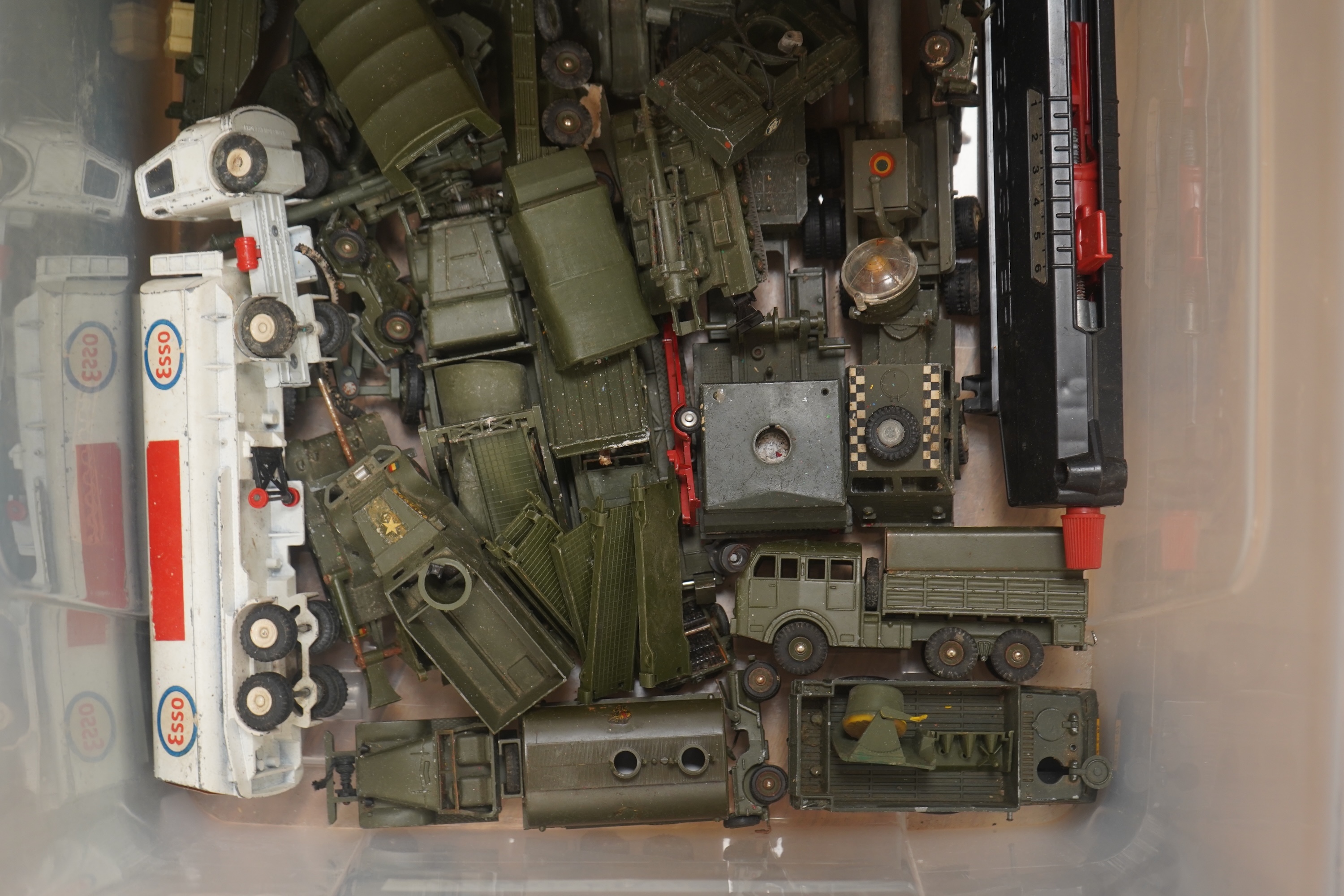 A collection of diecast vehicles by Dinky Toys, Corgi Toys, Husky, Matchbox Series, etc. including a good selection of French Dinky Toys military vehicles, original Chipperfields Circus vehicles, cars, commercial vehicle